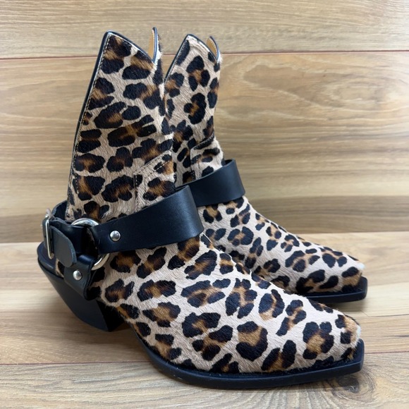 R13 Half Cowboy Boots Leopard Womens 6 EU 36 Harness Buckle Snip Toe Calf Hair - Picture 3 of 10